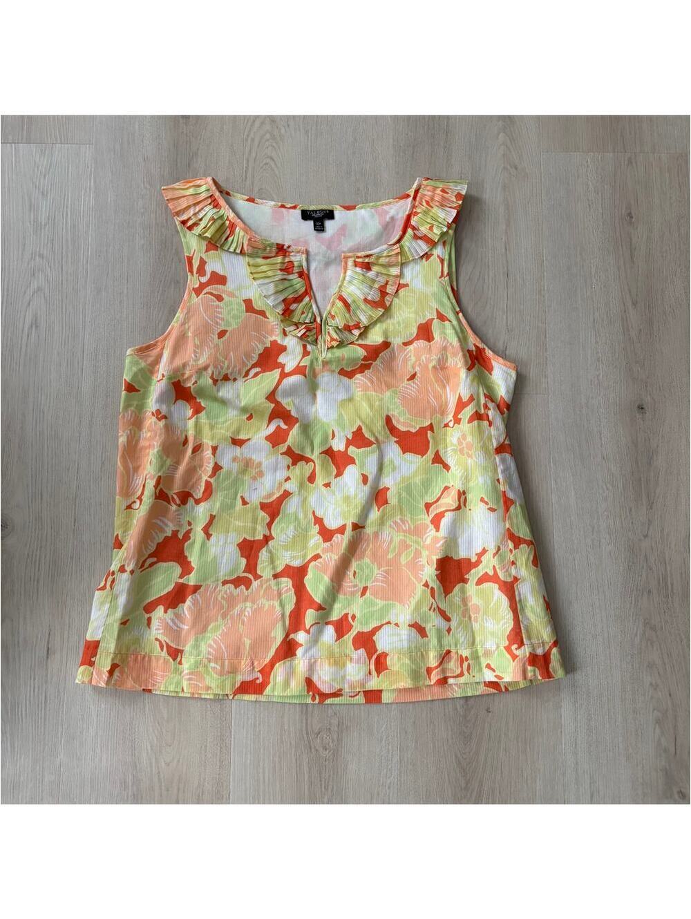 Talbots EUC Women's Yellow Orange Floral Ruffle Neckline Sleeveless Blouse 10P